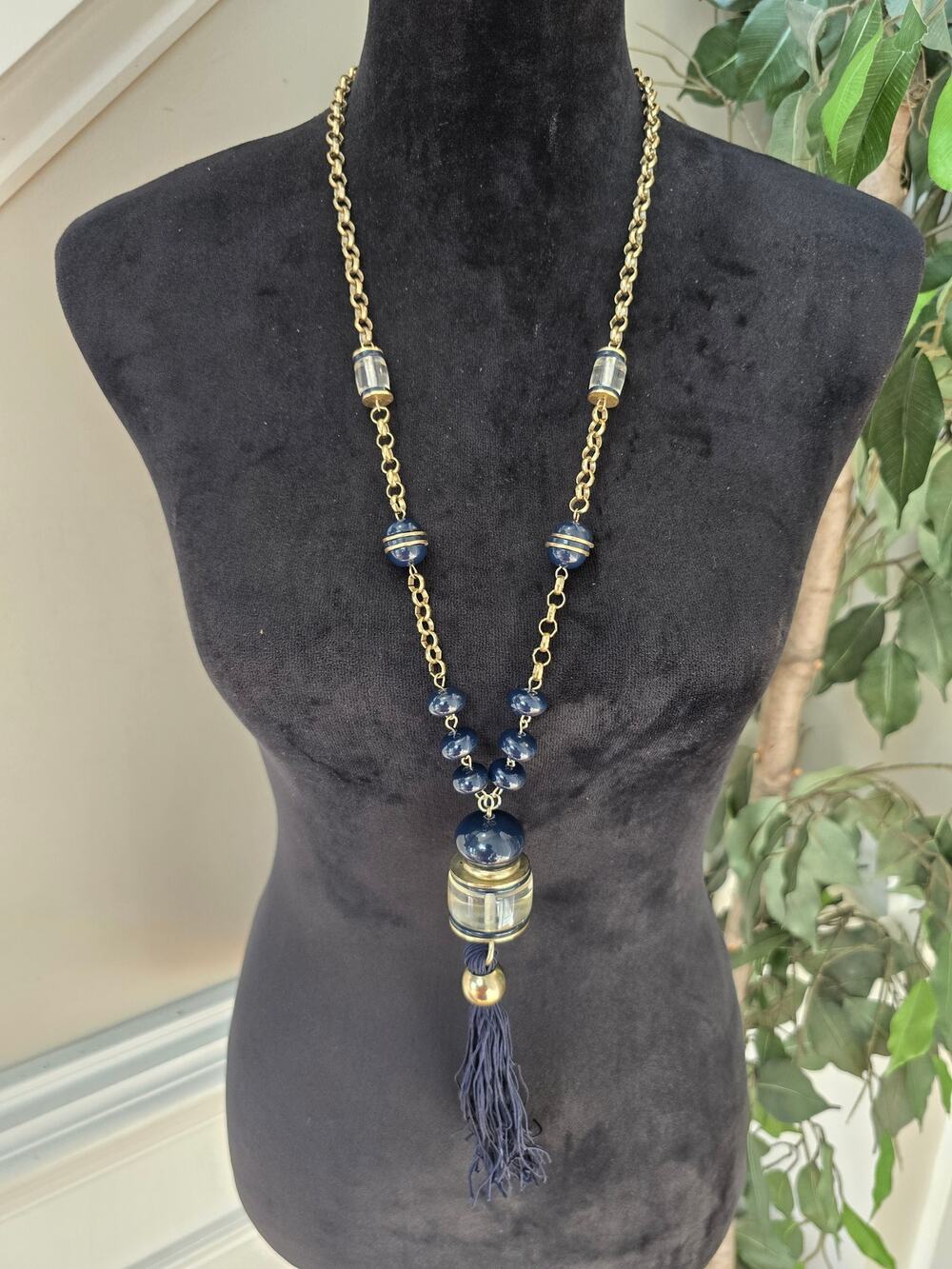 Navy Blue Beaded Gold Tone Tassel Long Pendant Necklace